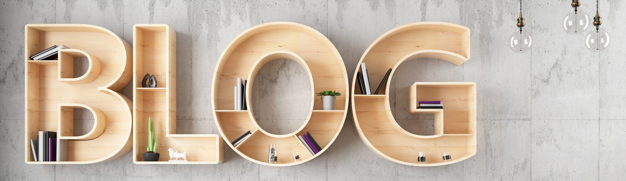 Blog bulb sign on black brick wall with armchair