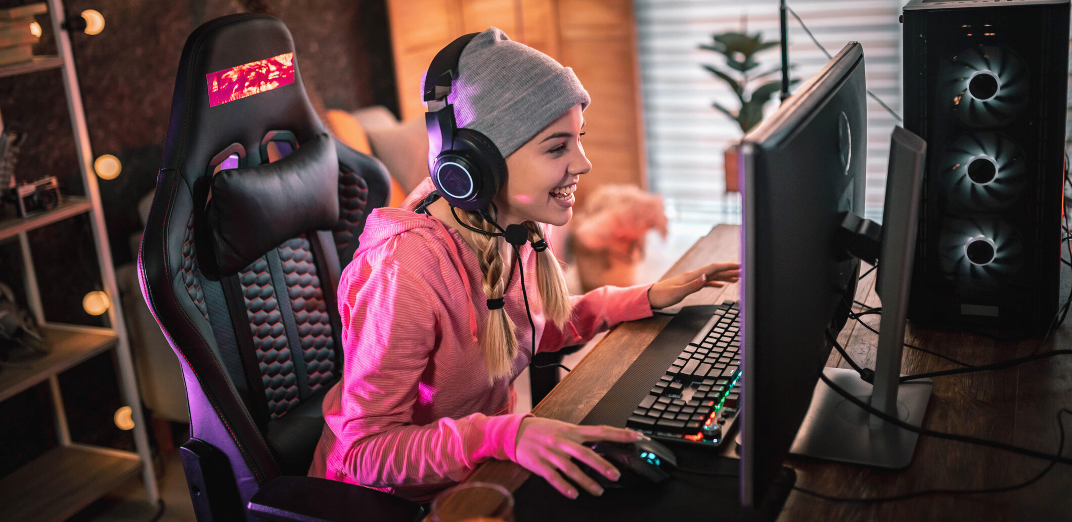 Girl plays video game online and streaming at home